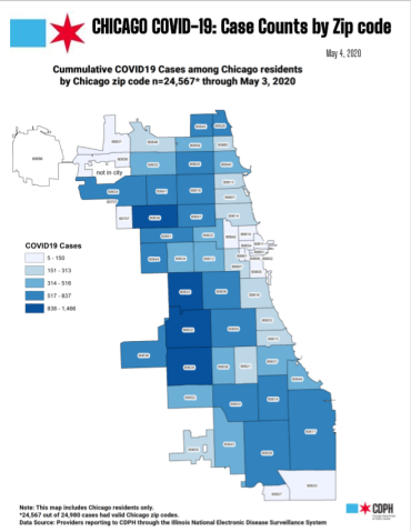 Map of covid19 case rates in Chicago by zip code as of May, 2020