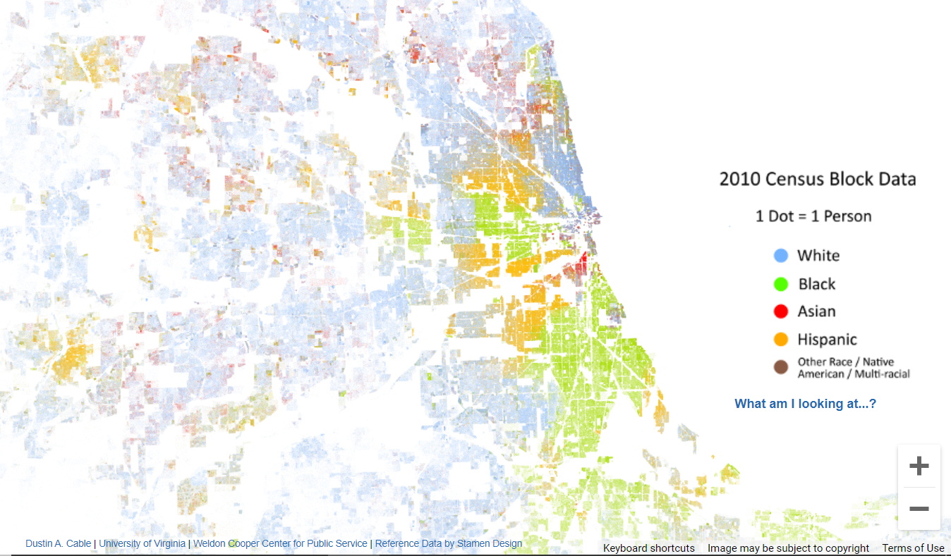 A map of Chicagoland with 2010 census data, showing the Northside being primarily white, the Westside being primarily Hispanic and then Black, and the Southside being almost entirely Black.